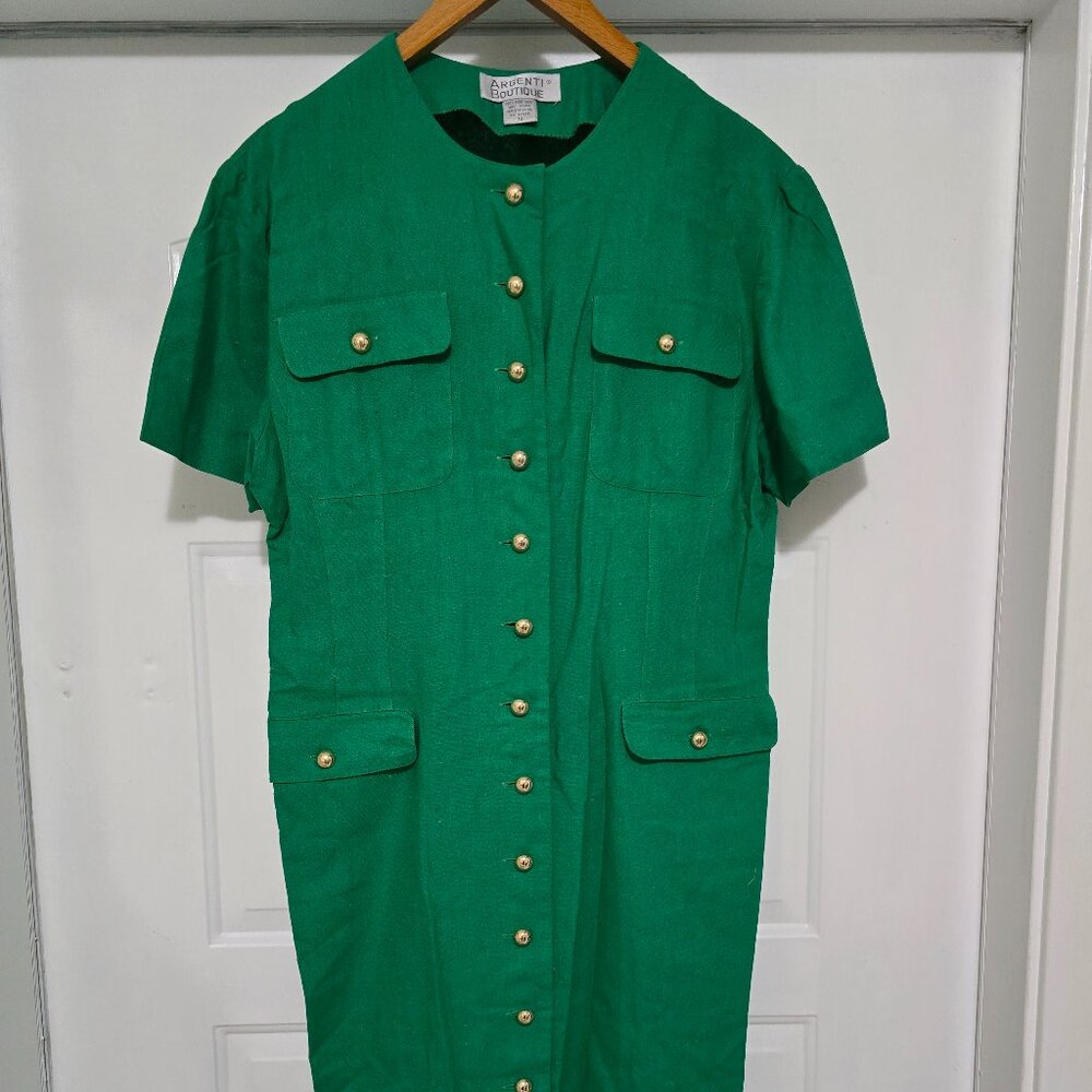 Argenti Boutique Women's Silk Dress Green Gold Button Front size 10  1990s